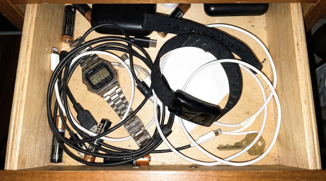 An old Whoop strap tossed in a junk drawer with cables and an old watch