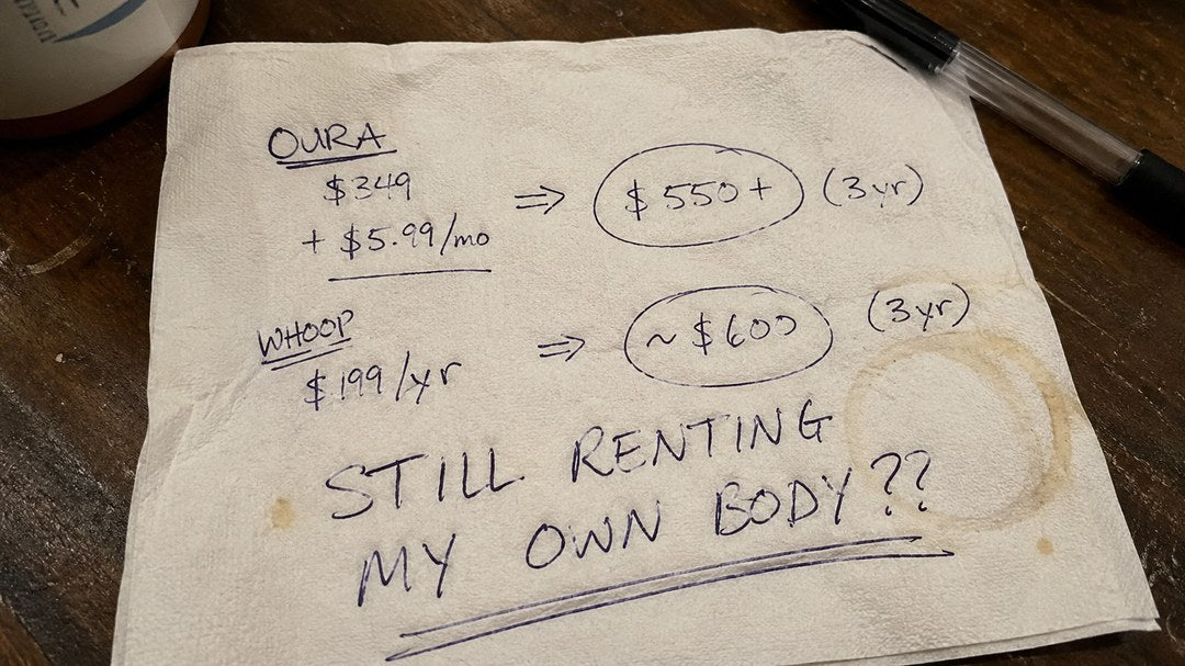 Napkin math: Oura 550-plus over three years, Whoop about 600, still renting my own body