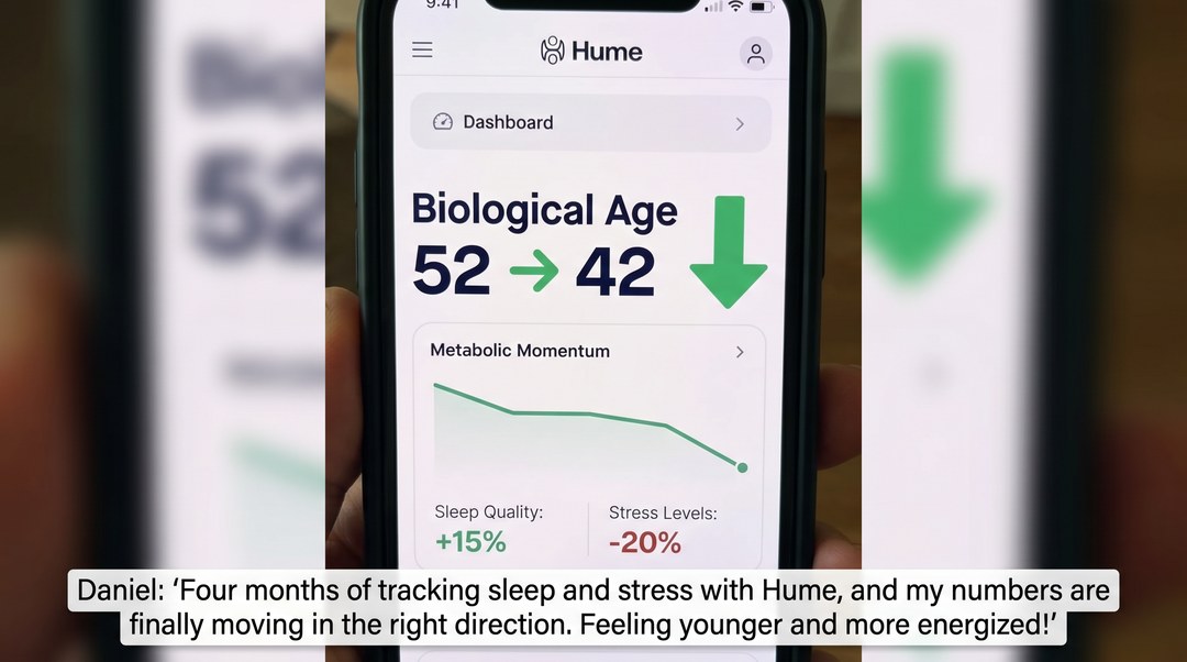 Hume app showing biological age dropping from 52 to 42 with metabolic momentum