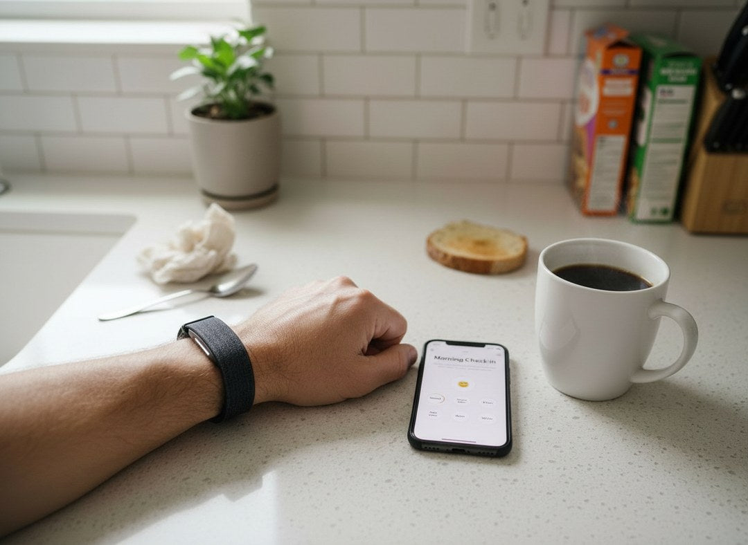 A morning check-in with a Hume Band on wrist beside a phone and coffee