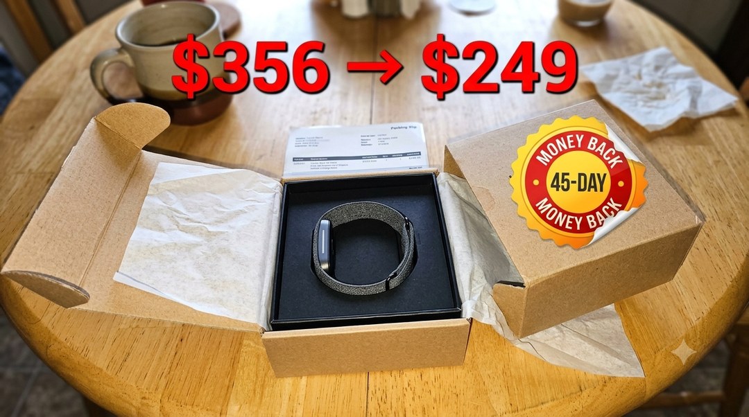 Hume Band 2.0 unboxed, 356 down to 249, 45-day money-back seal